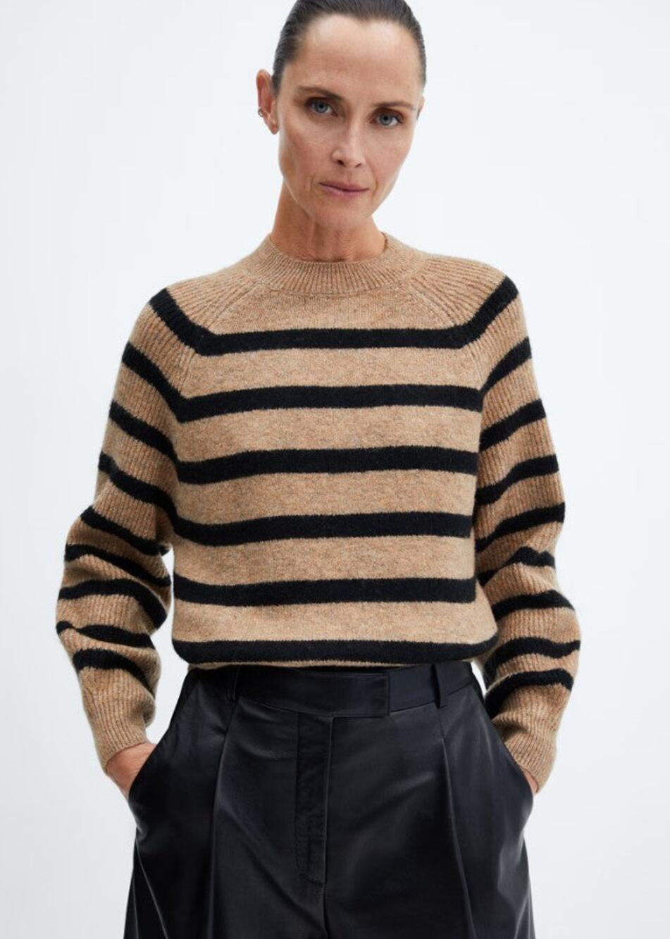 MANGO Stripe Print Sweater With Perkins Neck - M Tan/Black